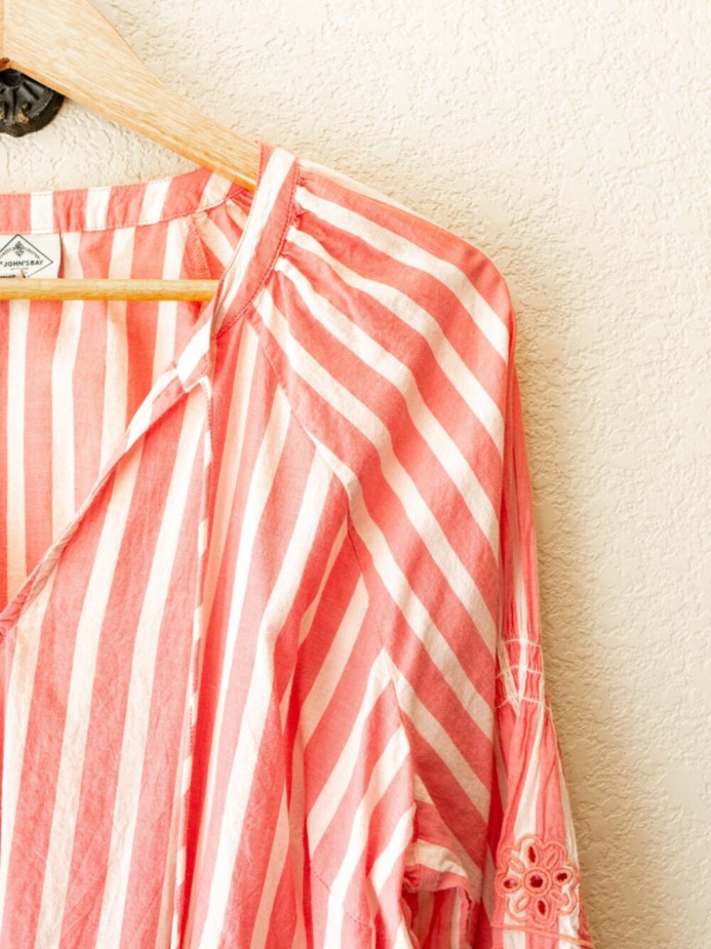 St. John's Bay XL Pink White Stripe Peasant Top Cotton Tassel Boho Embroidered - Picture 5 of 13
